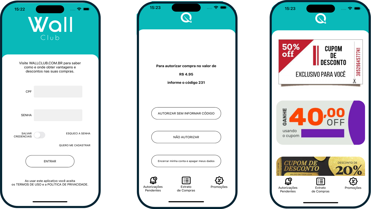 Telas do aplicativo Wall Club